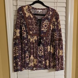 DR2 Purple and Blue Long Sleeve Smocked Blouse